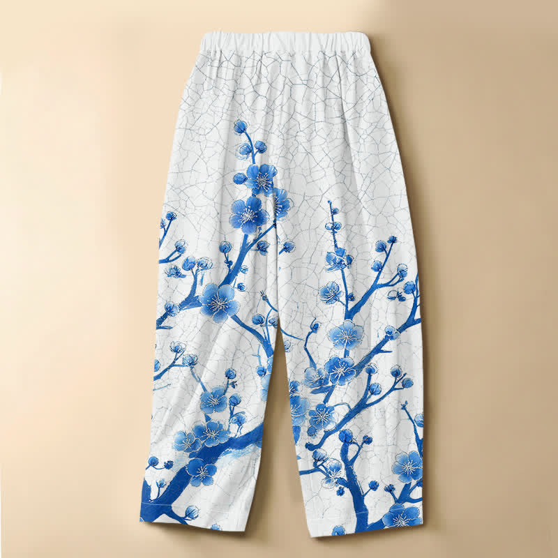 Buddha Stones Pantalon harem pour femme en pur coton, motif branches de prunier, boutons brandebourg, taille élastique et poches - image 1