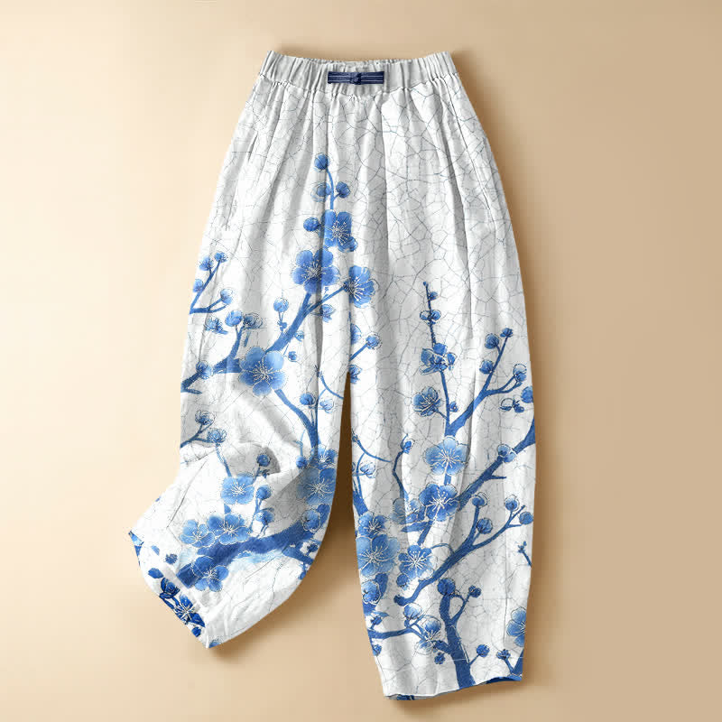 Buddha Stones Pantalon harem pour femme en pur coton, motif branches de prunier, boutons brandebourg, taille élastique et poches - Neige - US16，UK/AU20，EU48 (3XL) - image 0