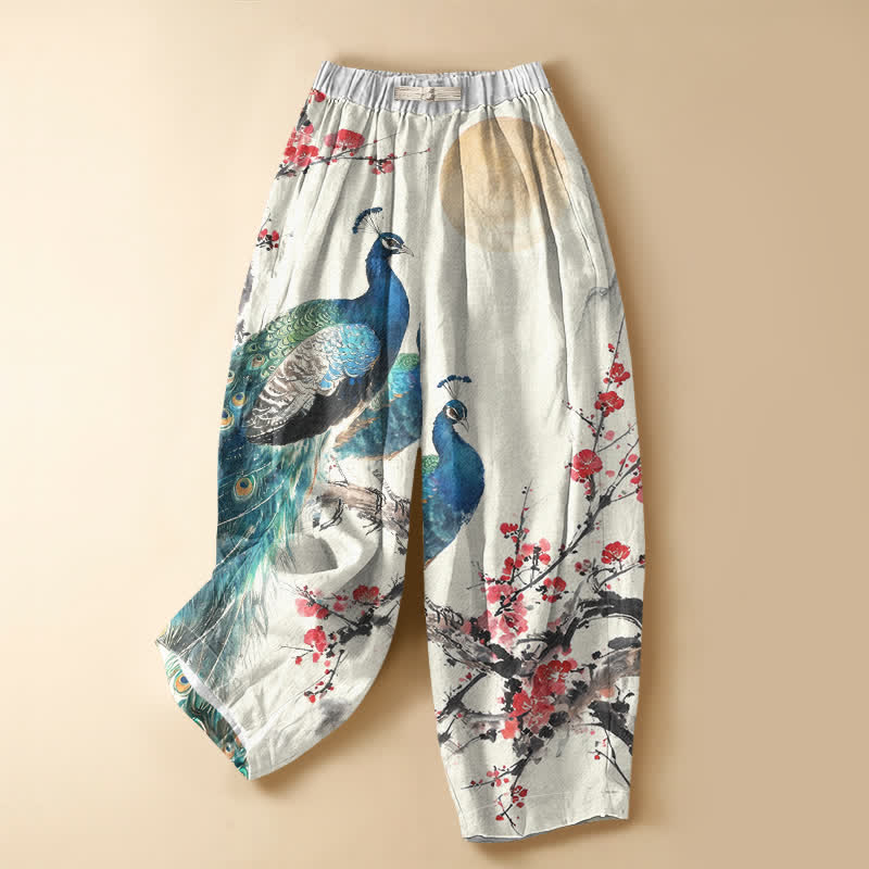 Buddha Stones Pantalon harem pour femme en pur coton, motif paon oriental et fleurs de prunier, avec boutons brandebourg et taille élastique et poches. - WhiteSmoke - US16，UK/AU20，EU48 (3XL) - image 0