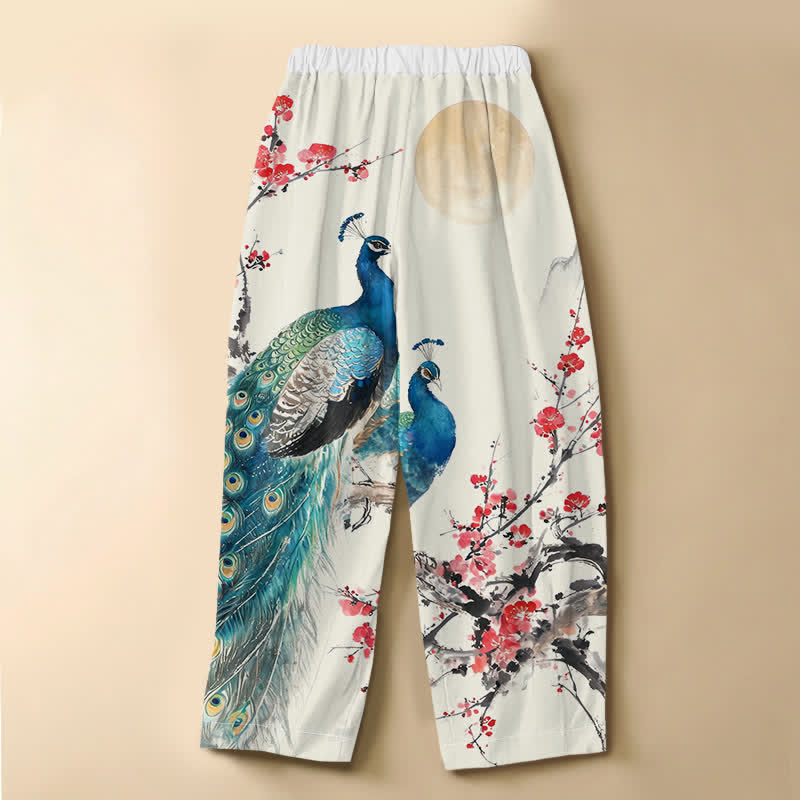 Buddha Stones Pantalon harem pour femme en pur coton, motif paon oriental et fleurs de prunier, avec boutons brandebourg et taille élastique et poches. - image 1