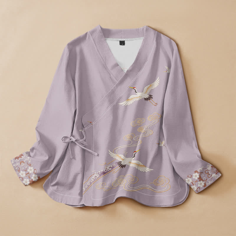 Buddha Stones Kimono en coton à manches longues et col en V cache-cœur, orné d'un motif de grues volantes. - Chardon - US16，UK/AU20，EU48 (3XL) - image 0