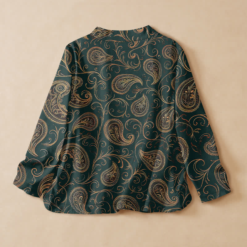 Buddha Stones Kimono à manches longues pour femme, imprimé cachemire vintage en coton, style Hanfu, col en V, lacé - image 1