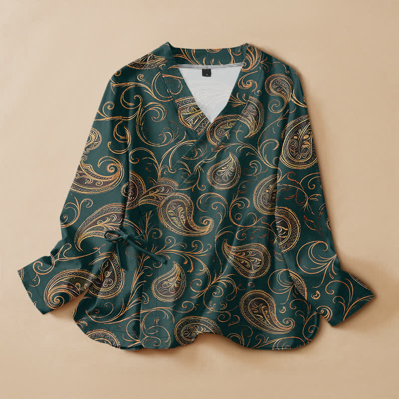Buddha Stones Kimono à manches longues pour femme, imprimé cachemire vintage en coton, style Hanfu, col en V, lacé - Sarcelle - US16，UK/AU20，EU48 (3XL) - image 0