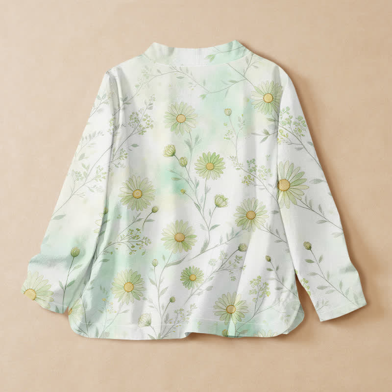 Buddha Stones Kimono à manches longues pour femme, imprimé floral marguerite en coton, style Hanfu, col en V cache-cœur et lacets - image 1