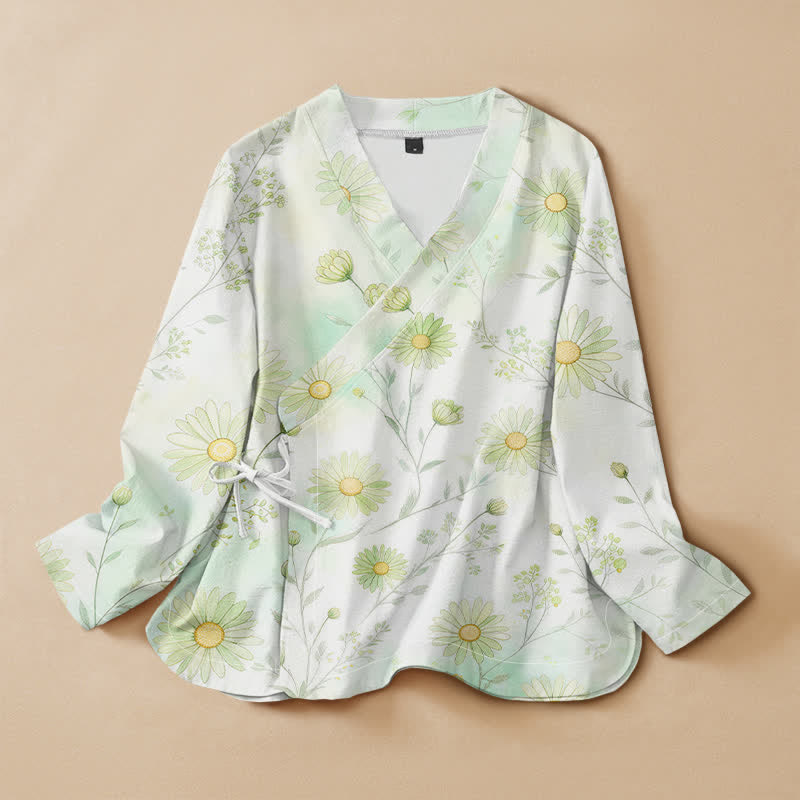 Buddha Stones Kimono à manches longues pour femme, imprimé floral marguerite en coton, style Hanfu, col en V cache-cœur et lacets - Melon miellat - US16，UK/AU20，EU48 (3XL) - image 0