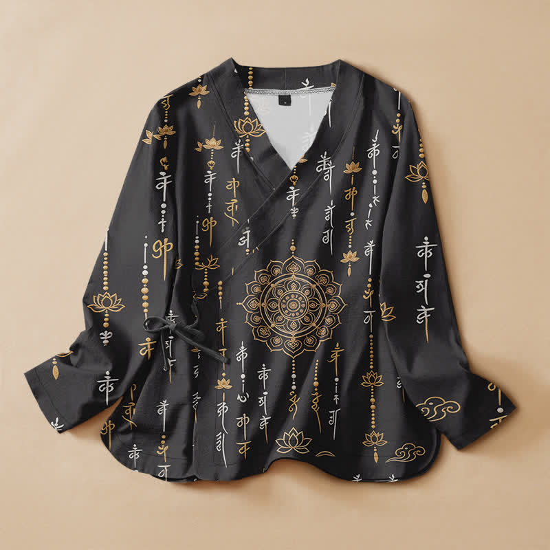 Buddha Stones Kimono pour femme en coton imprimé mandala de lotus sacré - Noir - US16，UK/AU20，EU48 (3XL) - image 0