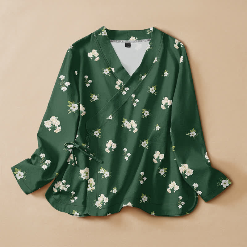 Buddha Stones Kimono en coton à motif floral vintage, col en V cache-cœur et lacets, manches longues - Vert d'eau - US16，UK/AU20，EU48 (3XL) - image 0