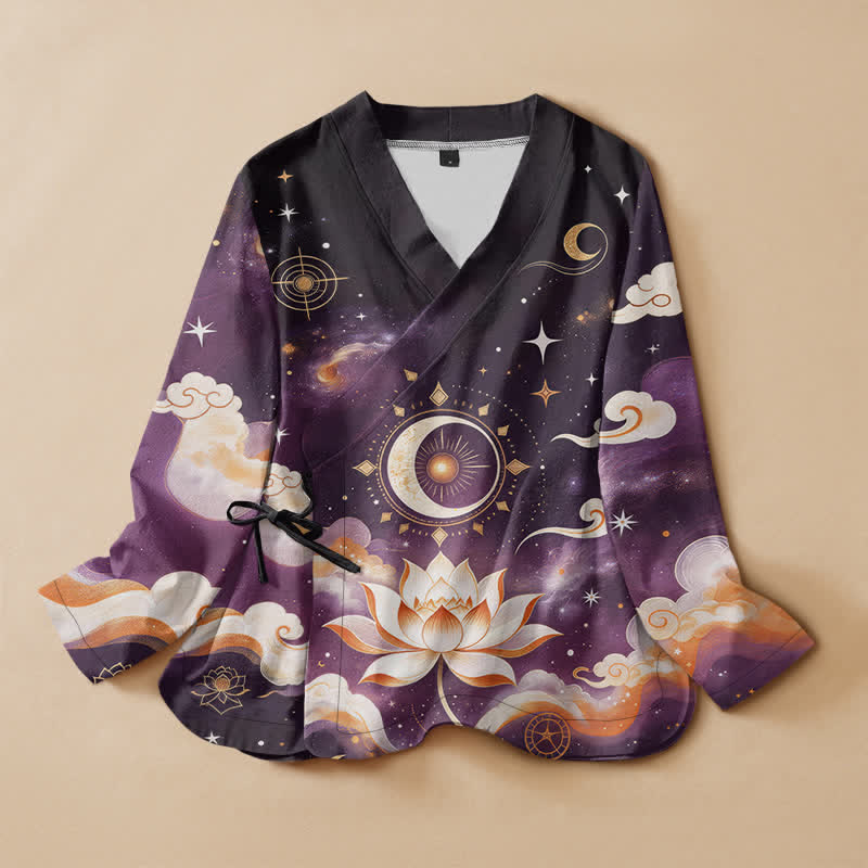 Buddha Stones Kimono à manches longues pour femme, imprimé lotus céleste et lune, style Hanfu, col en V, lacé - Noir - US16，UK/AU20，EU48 (3XL) - image 0