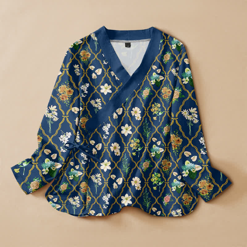 Buddha Stones Kimono pour femme en coton imprimé floral vintage, style Hanfu, col en V cache-cœur et lacets, manches longues. - Marine - US16，UK/AU20，EU48 (3XL) - image 0