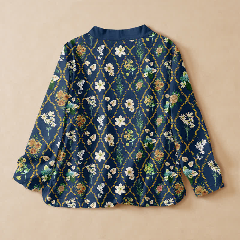 Buddha Stones Kimono pour femme en coton imprimé floral vintage, style Hanfu, col en V cache-cœur et lacets, manches longues. - image 1