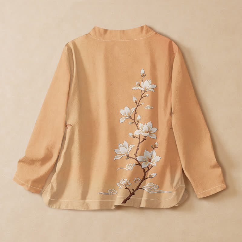 Buddha Stones Kimono à manches longues pour femme, imprimé branches de magnolia en coton, style Hanfu, col en V, lacé - image 1
