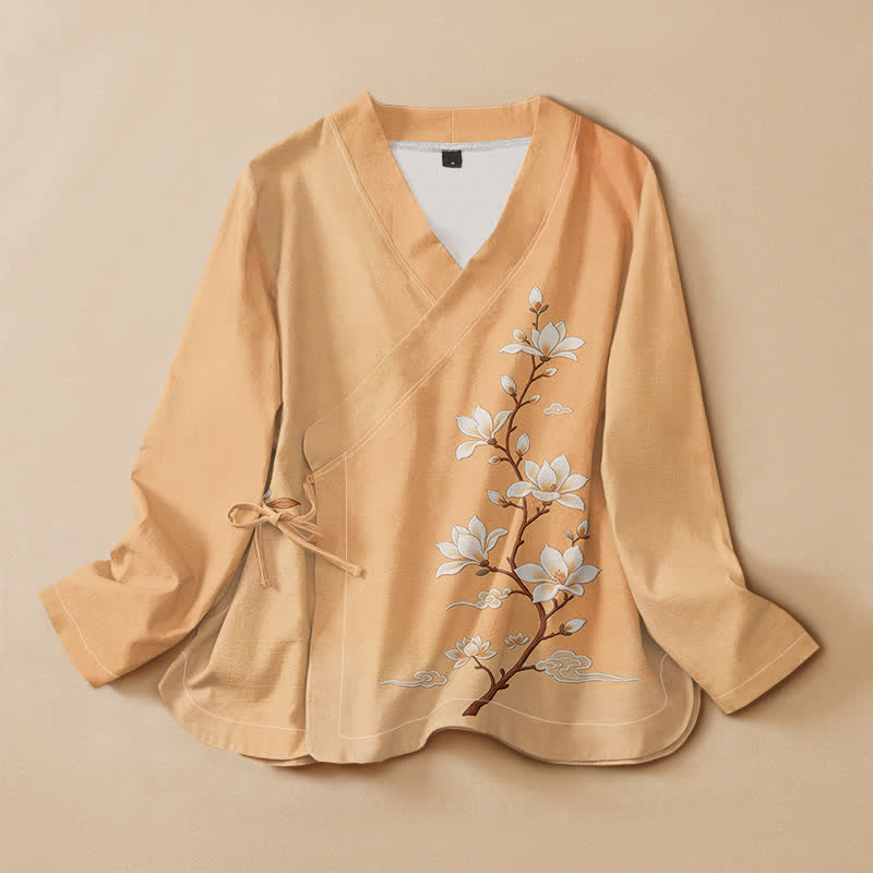 Buddha Stones Kimono à manches longues pour femme, imprimé branches de magnolia en coton, style Hanfu, col en V, lacé - NavajoBlanc - US16，UK/AU20，EU48 (3XL) - image 0