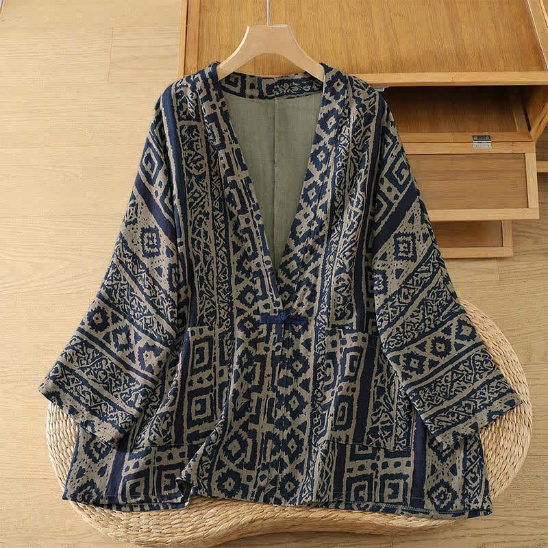 Buddha Stones Kimono femme printemps décontracté vintage à motif géométrique ouvert sur le devant avec poche - Tanné - US4-14, UK/AU8-18, EU36-46 (F) - image 0