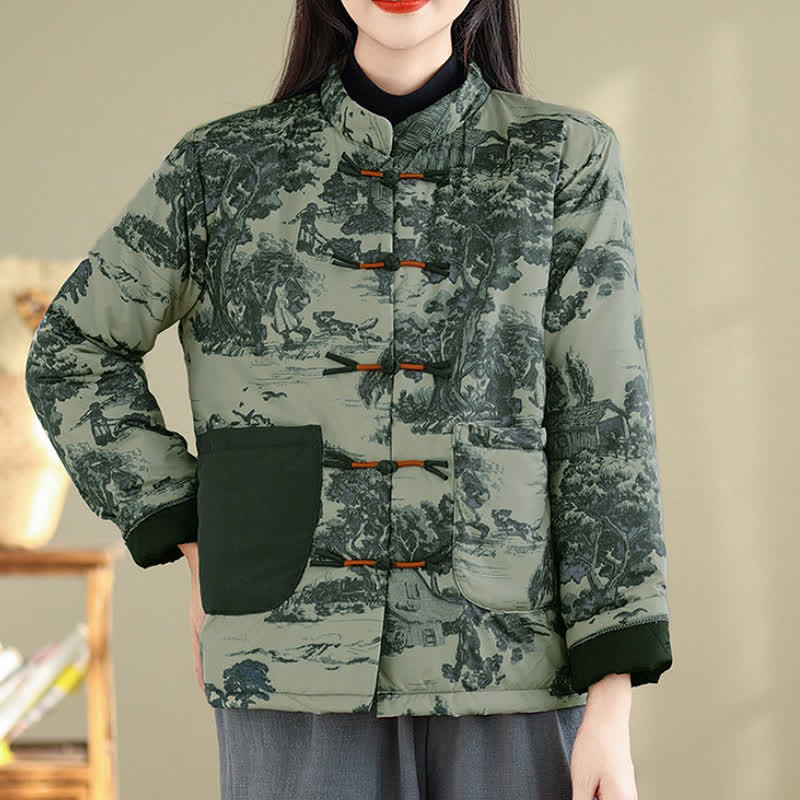 Buddha Stones Veste courte pour femme, style Tang vintage automne-hiver, à boutons grenouilles et imprimé arbre, avec poches - image 1