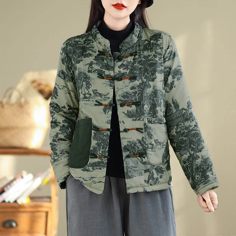 Buddha Stones Veste courte pour femme, style Tang vintage automne-hiver, à boutons grenouilles et imprimé arbre, avec poches - Bleu clair - US12，UK/AU16，EU44 (3XL) - image 0