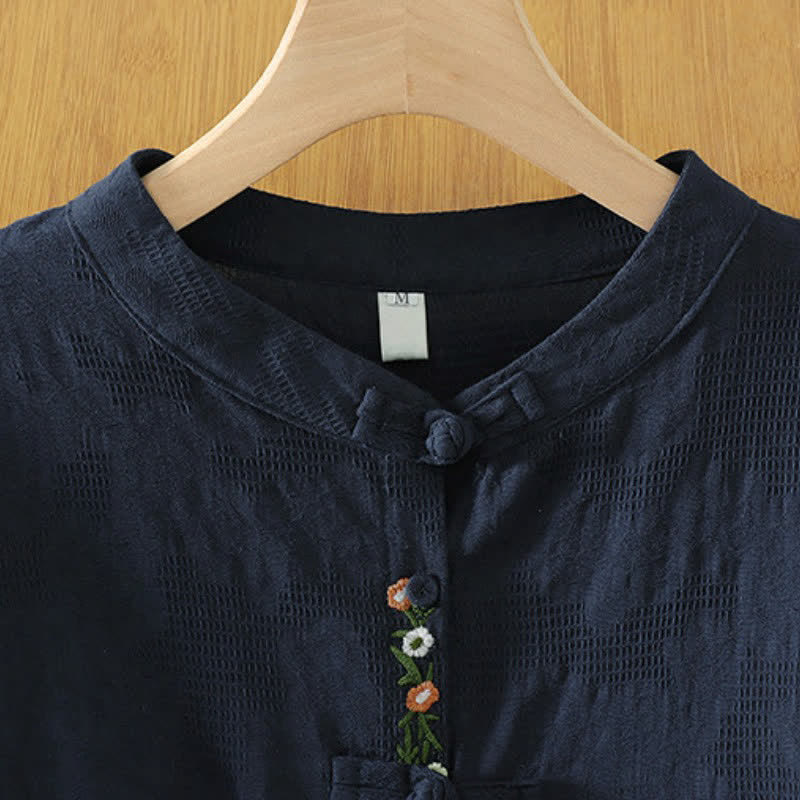 Buddha Stones Chemises à manches longues pour femmes, style automne Tang, col mandarin vintage, broderie florale - image 1