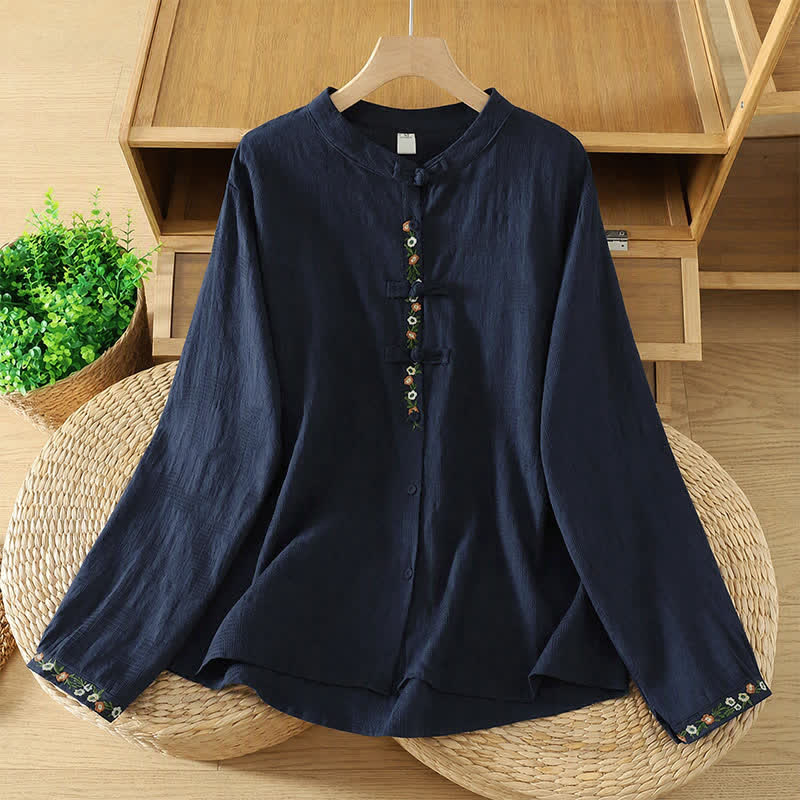 Buddha Stones Chemises à manches longues pour femmes, style automne Tang, col mandarin vintage, broderie florale - Bleu nuit - US8-10, UK/AU12-14, EU40-42 (2XL) - image 0