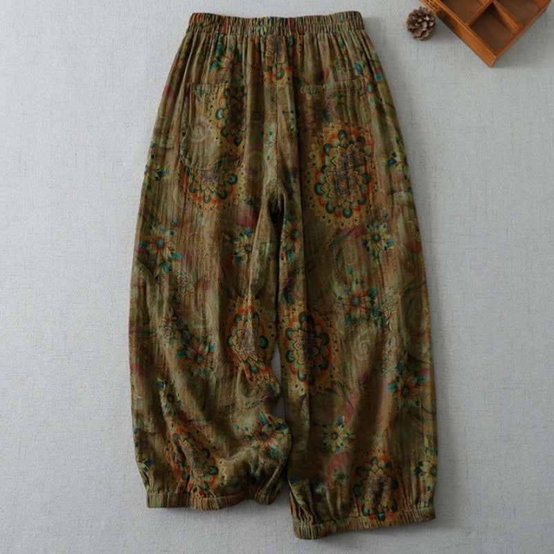 Buddha Stones Pantalon court fleuri bohème vintage printemps-été, style sarouel, avec poches - image 1