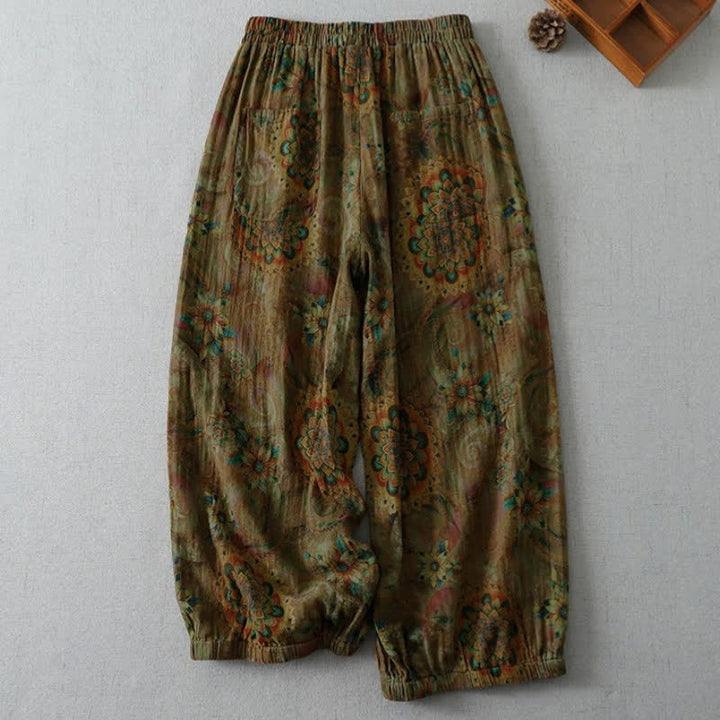 Buddha Stones Pantalon court fleuri bohème vintage printemps-été, style sarouel, avec poches - image 1