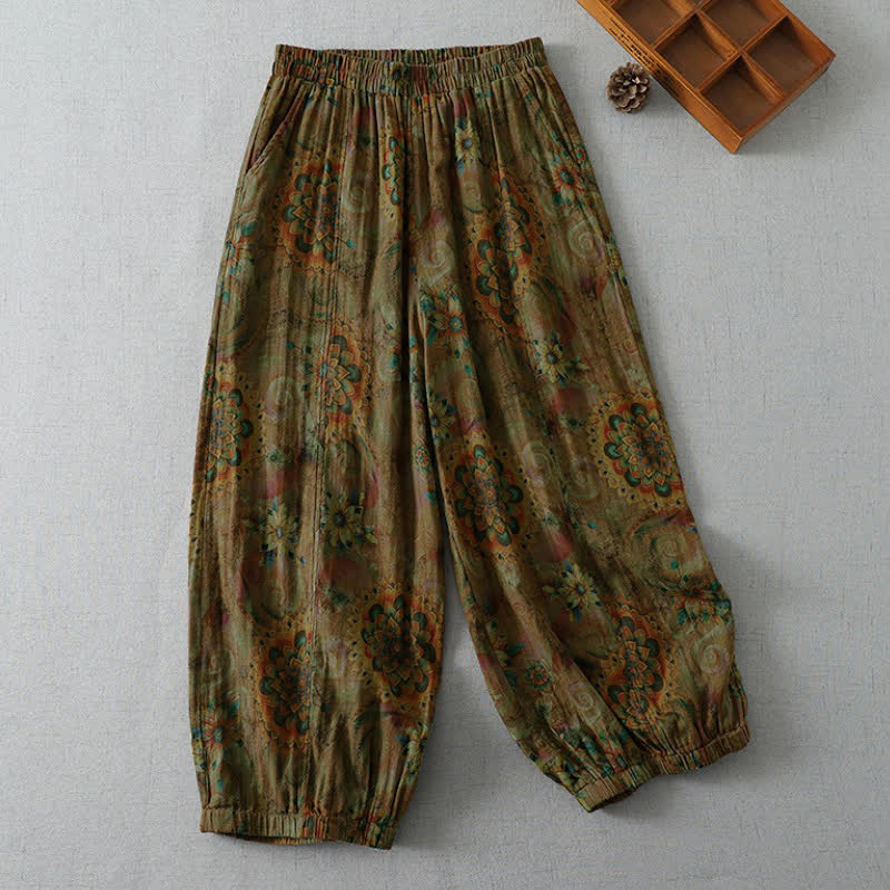 Buddha Stones Pantalon court fleuri bohème vintage printemps-été, style sarouel, avec poches - SaddleBrown - US8-10, UK/AU12-14, EU40-42 (2XL) - image 0