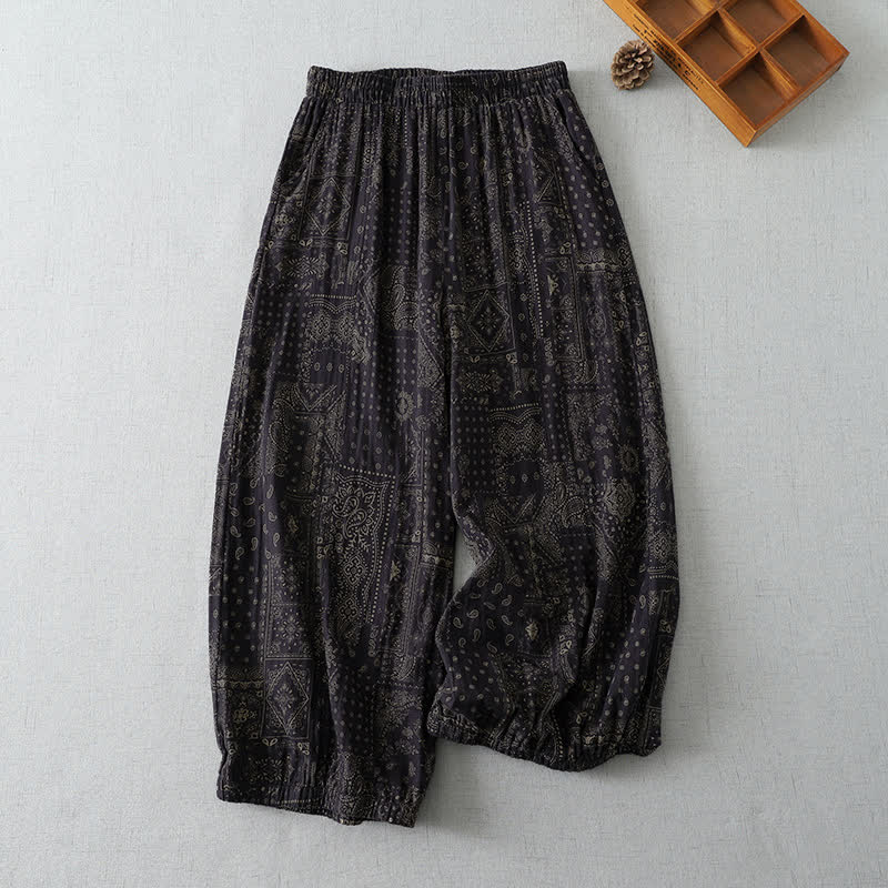 Buddha Stones Pantalon court fleuri bohème vintage printemps-été, style sarouel, avec poches - Noir - US8-10, UK/AU12-14, EU40-42 (2XL) - image 2