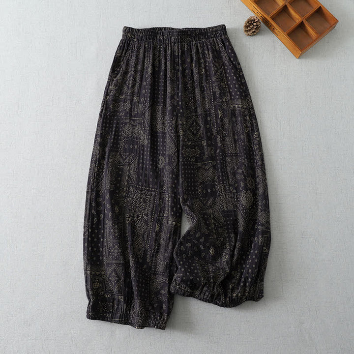 Buddha Stones Pantalon court fleuri bohème vintage printemps-été, style sarouel, avec poches - Noir - US8-10, UK/AU12-14, EU40-42 (2XL) - image 2