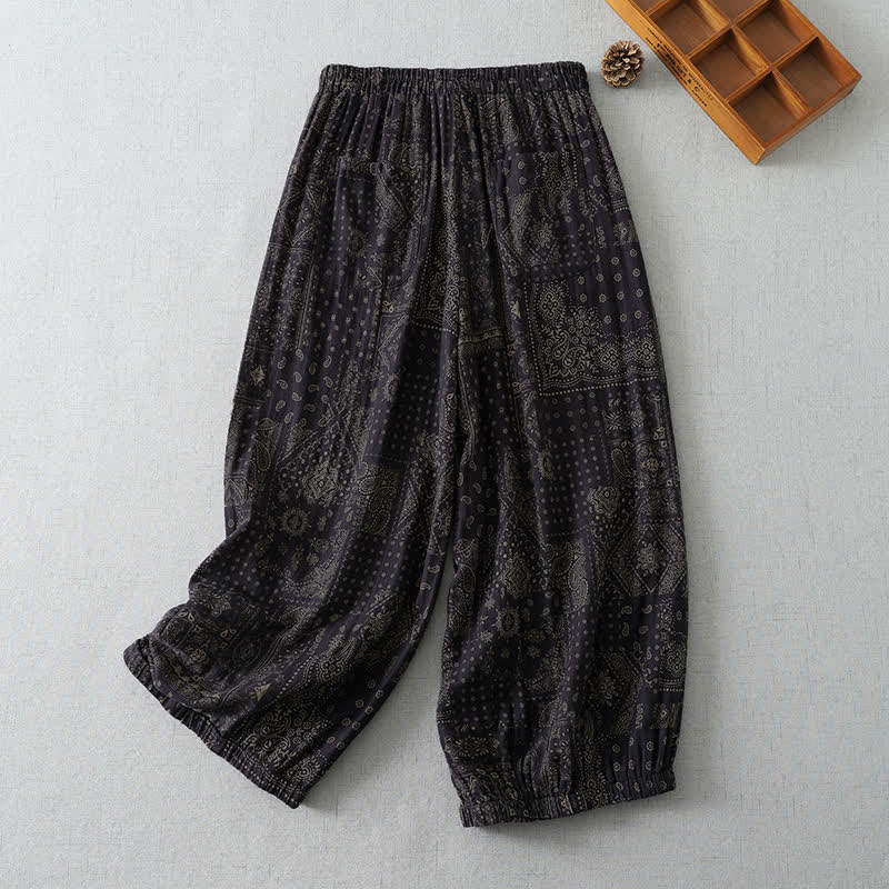 Buddha Stones Pantalon court fleuri bohème vintage printemps-été, style sarouel, avec poches - image 3