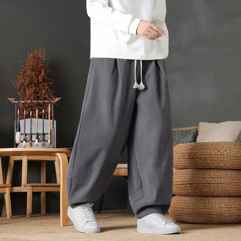Buddha Stones Pantalon harem homme vintage décontracté automne-hiver, couleur unie, en velours côtelé, avec poches - Gris - US/UK/AU46, EU56 (5XL) - image 0