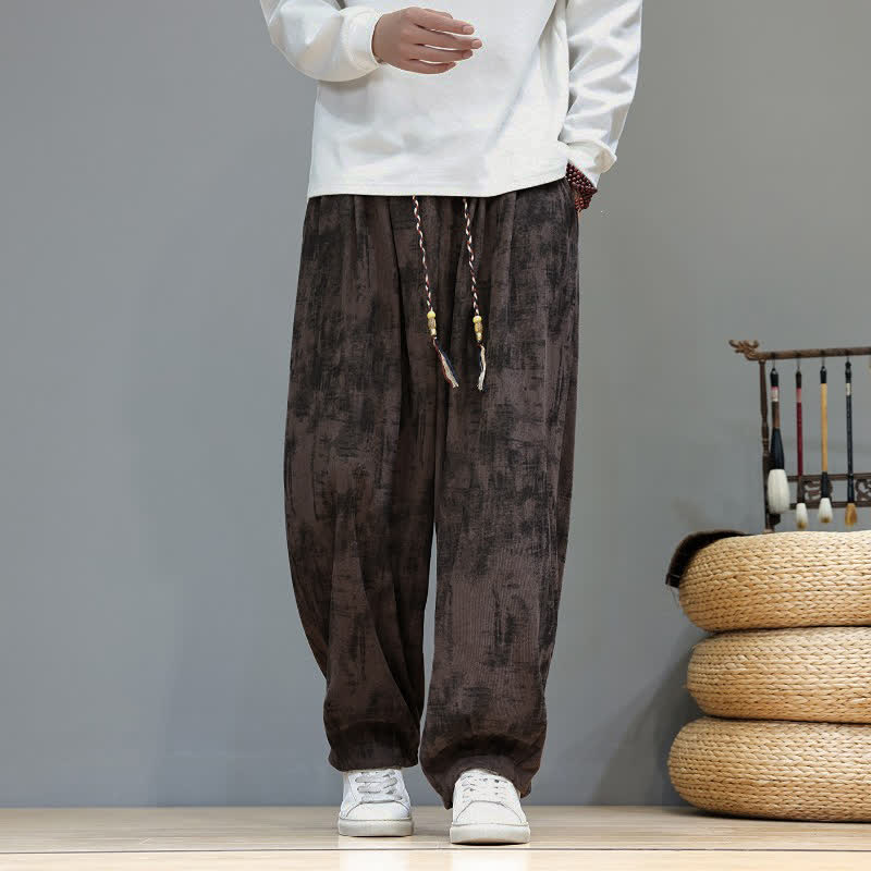 Buddha Stones Pantalon harem homme en velours côtelé, style vintage décontracté, à cordon de serrage et motif tie-dye abstrait, avec poches, idéal pour le printemps et l'automne. - SaddleBrown - US/UK/AU48，EU58 (6XL) - image 0