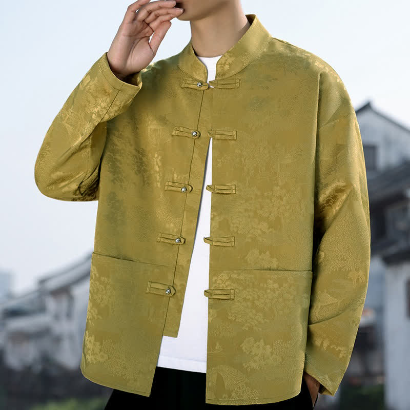 Buddha Stones Chemises à manches longues pour hommes, style Tang, col mandarin, boutons brandebourg, motif paysage, style décontracté printemps-automne, avec poches - Kaki foncé - US/UK/AU48, EU58 (5XL) - image 0