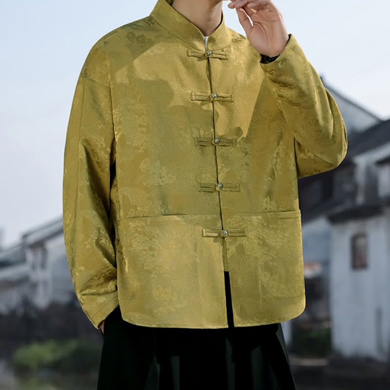 Buddha Stones Chemises à manches longues pour hommes, style Tang, col mandarin, boutons brandebourg, motif paysage, style décontracté printemps-automne, avec poches - image 1