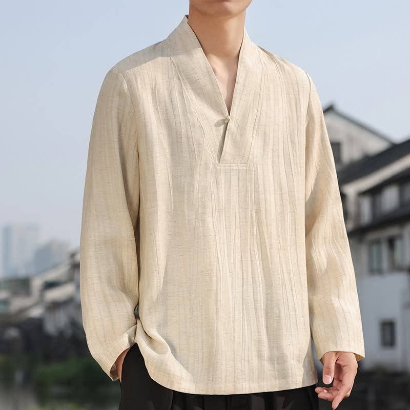 Buddha Stones Chemises à manches longues pour hommes, style décontracté printemps-automne, col en V, unies - Blé - US/UK/AU46, EU56 (5XL) - image 0