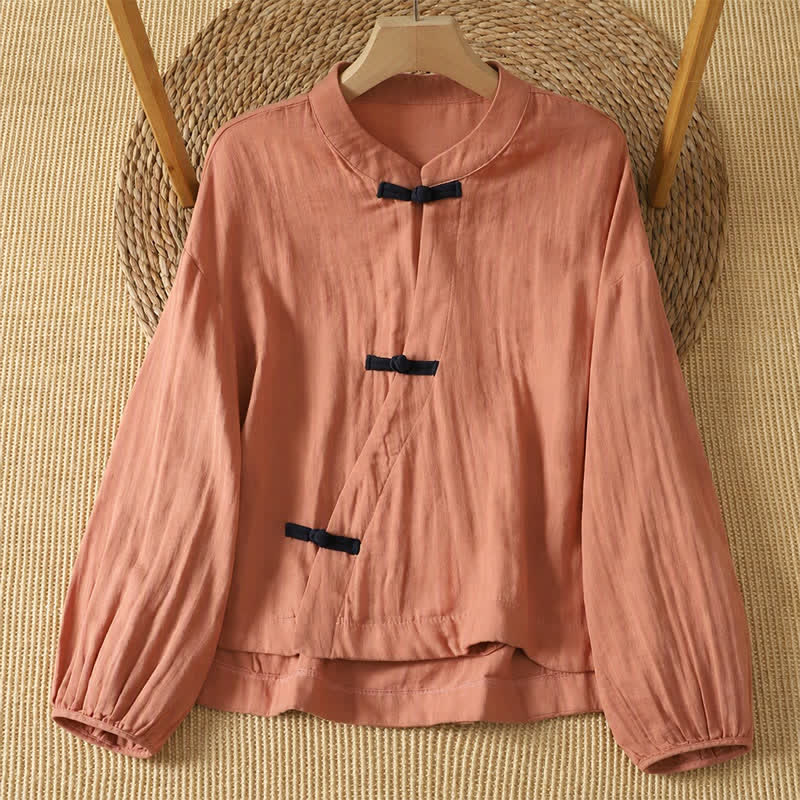 Buddha Stones Chemises à manches longues pour femmes, style Tang vintage printemps-été, en coton et lin unis, manches longues, style grenouille - Rose clair - US8-10, UK/AU12-14, EU40-42 (2XL) - image 1