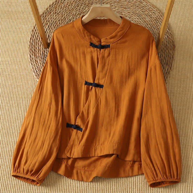 Buddha Stones Chemises à manches longues pour femmes, style Tang vintage printemps-été, en coton et lin unis, manches longues, style grenouille - Chocolat - US8-10, UK/AU12-14, EU40-42 (2XL) - image 0