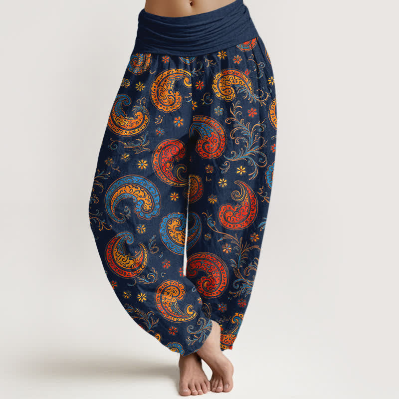 Buddha Stones Pantalon harem pour femme à taille élastique et motif cachemire exotique en coton - Bleu nuit - US16，UK/AU20，EU48 (3XL) - image 0
