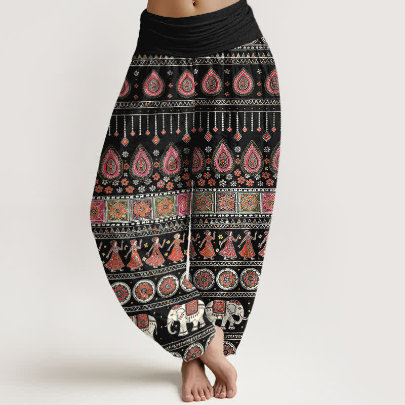 Buddha Stones Pantalon harem pour femme en coton à motif géométrique exotique d'éléphants et taille élastique - Noir - US16，UK/AU20，EU48 (3XL) - image 0
