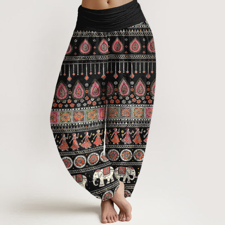 Buddha Stones Pantalon harem pour femme en coton à motif géométrique exotique d'éléphants et taille élastique - Noir - US16，UK/AU20，EU48 (3XL) - image 0