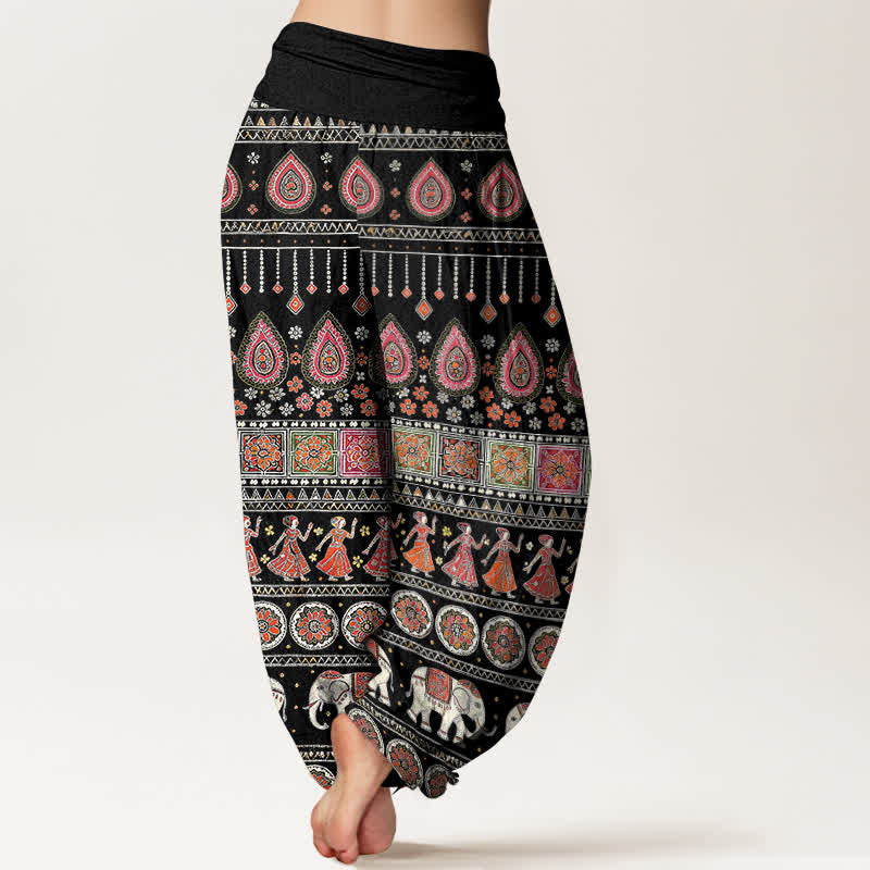 Buddha Stones Pantalon harem pour femme en coton à motif géométrique exotique d'éléphants et taille élastique - image 1