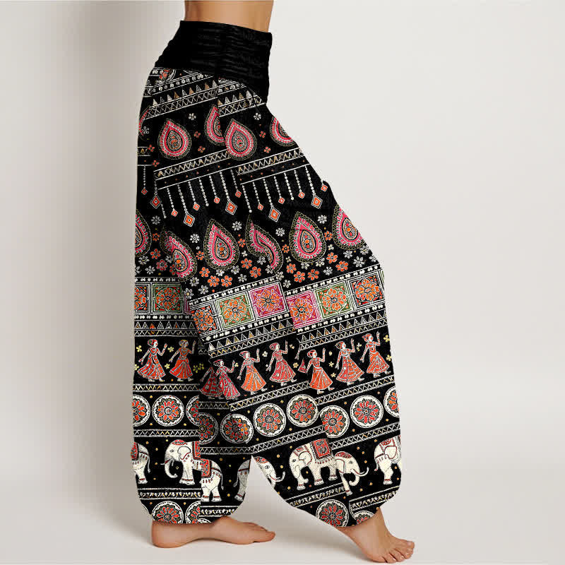 Buddha Stones Pantalon harem pour femme en coton à motif géométrique exotique d'éléphants et taille élastique - image 2