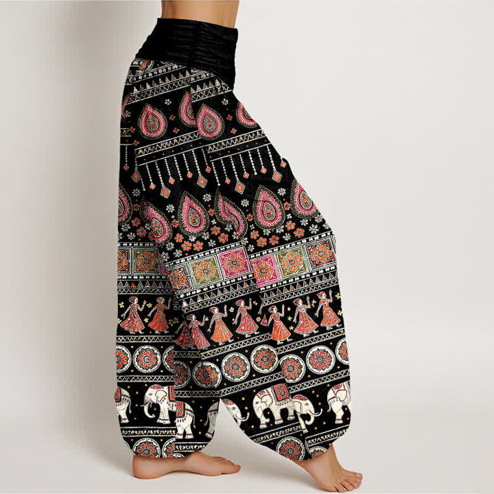 Buddha Stones Pantalon harem pour femme en coton à motif géométrique exotique d'éléphants et taille élastique - image 2