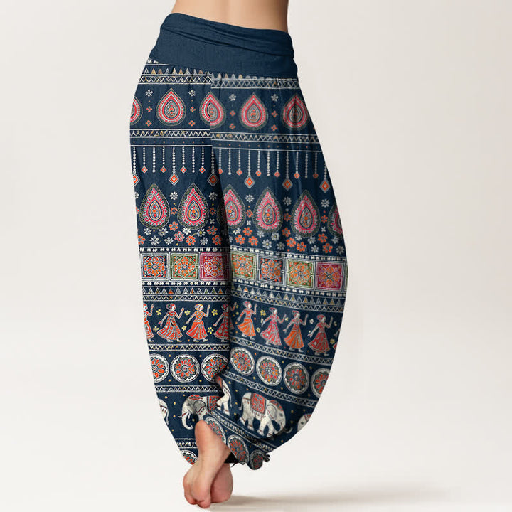 Buddha Stones Pantalon harem pour femme en coton à motif géométrique exotique d'éléphants et taille élastique - image 6