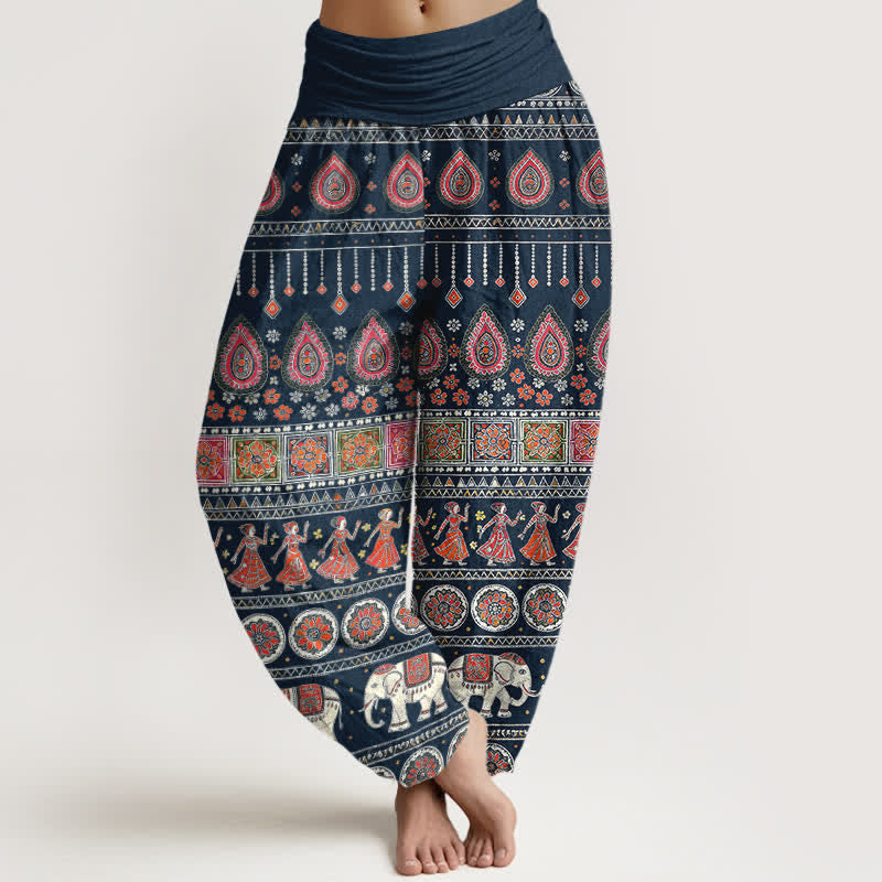 Buddha Stones Pantalon harem pour femme en coton à motif géométrique exotique d'éléphants et taille élastique - Bleu nuit - US16，UK/AU20，EU48 (3XL) - image 5