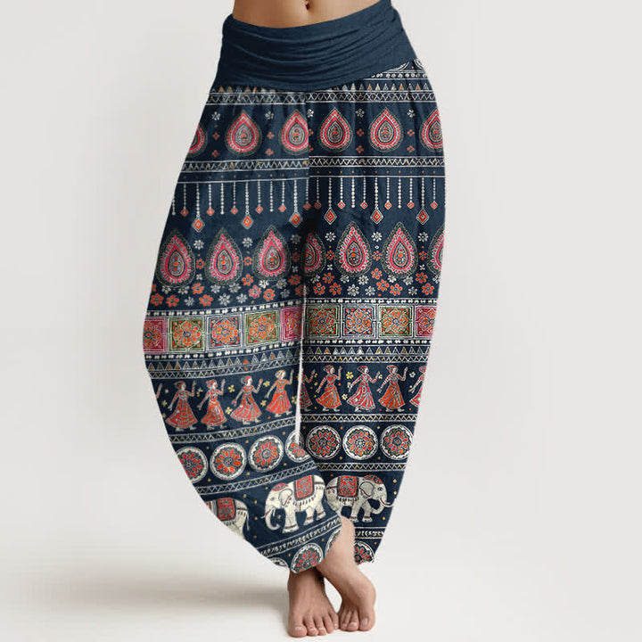 Buddha Stones Pantalon harem pour femme en coton à motif géométrique exotique d'éléphants et taille élastique - Bleu nuit - US16，UK/AU20，EU48 (3XL) - image 5