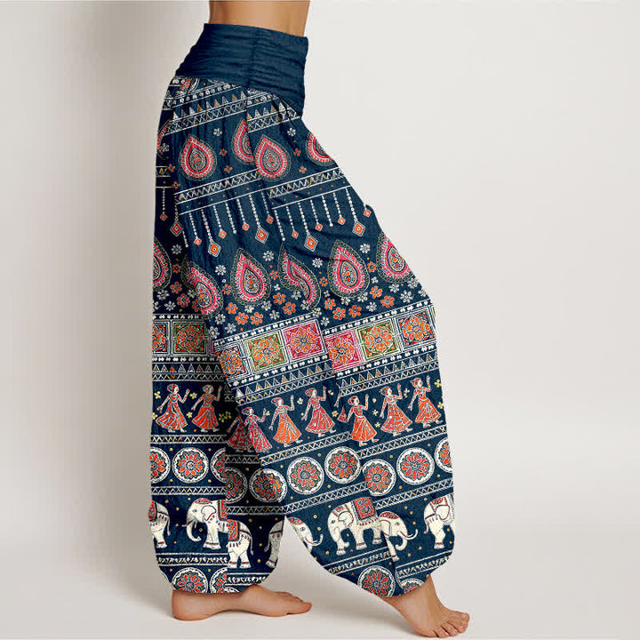 Buddha Stones Pantalon harem pour femme en coton à motif géométrique exotique d'éléphants et taille élastique - image 7