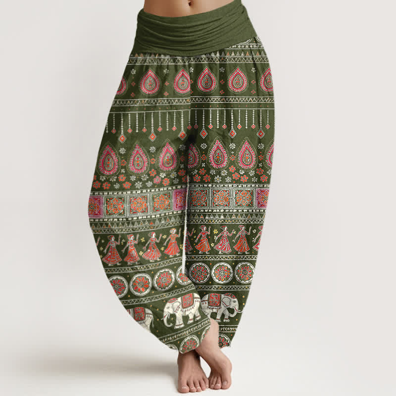 Buddha Stones Pantalon harem pour femme en coton à motif géométrique exotique d'éléphants et taille élastique - Vert olive foncé - US16，UK/AU20，EU48 (3XL) - image 8