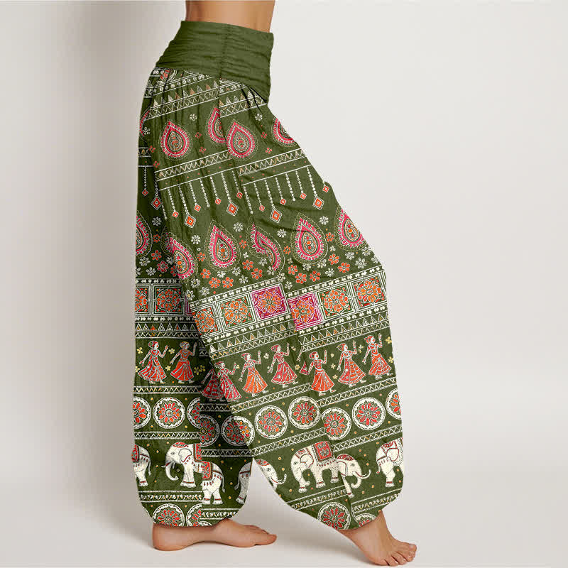 Buddha Stones Pantalon harem pour femme en coton à motif géométrique exotique d'éléphants et taille élastique - image 10