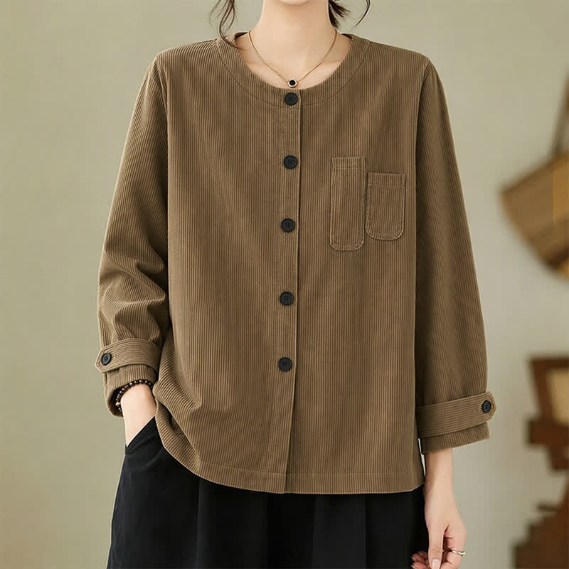 Buddha Stones Chemises à manches longues pour femmes, style vintage décontracté automne-hiver, en velours côtelé uni, avec poches - Tanné - US14, UK/AU18, EU46 (2XL) - image 0