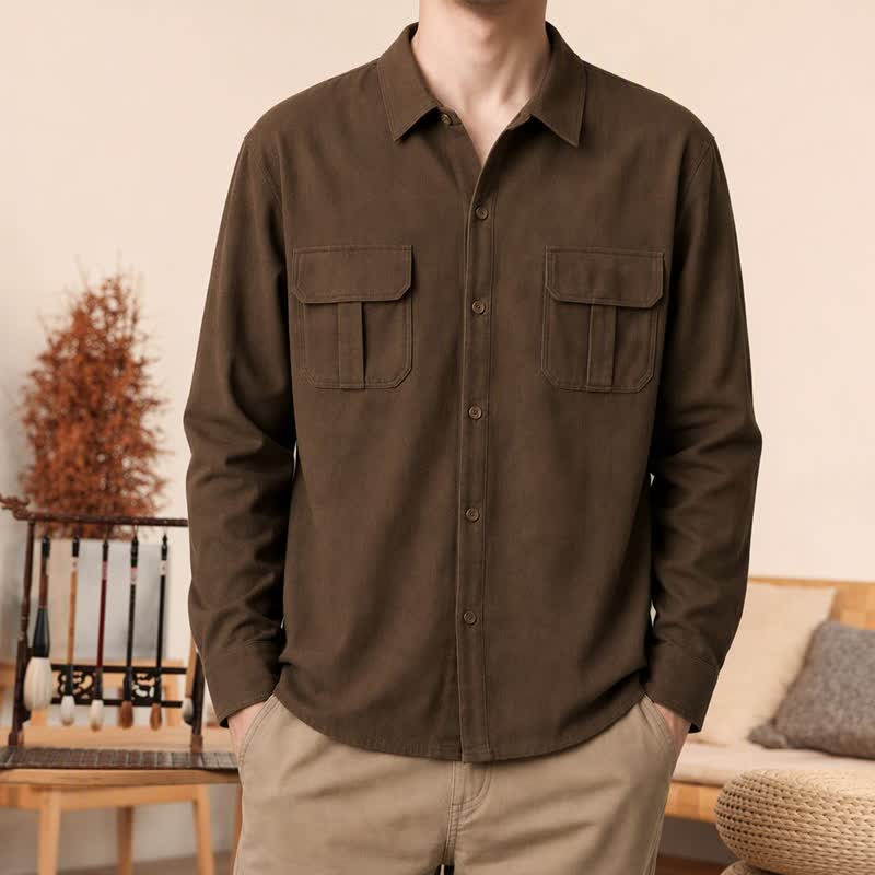 Buddha Stones Chemises à manches longues pour homme en velours côtelé uni, style décontracté printanier, avec poches plaquées - SaddleBrown - US/UK/AU42, EU52 (3XL) - image 0