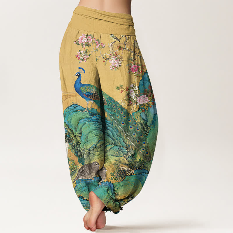 Buddha Stones Pantalon harem à taille élastique pour femme, en coton à motif de paon. - image 1