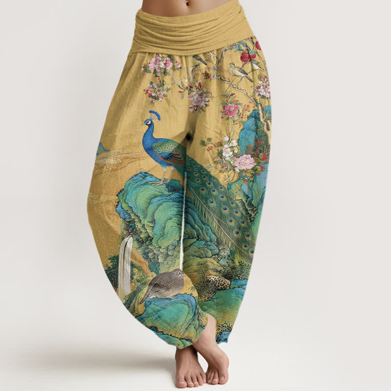 Buddha Stones Pantalon harem à taille élastique pour femme, en coton à motif de paon. - verge d'or - US16，UK/AU20，EU48 (3XL) - image 0
